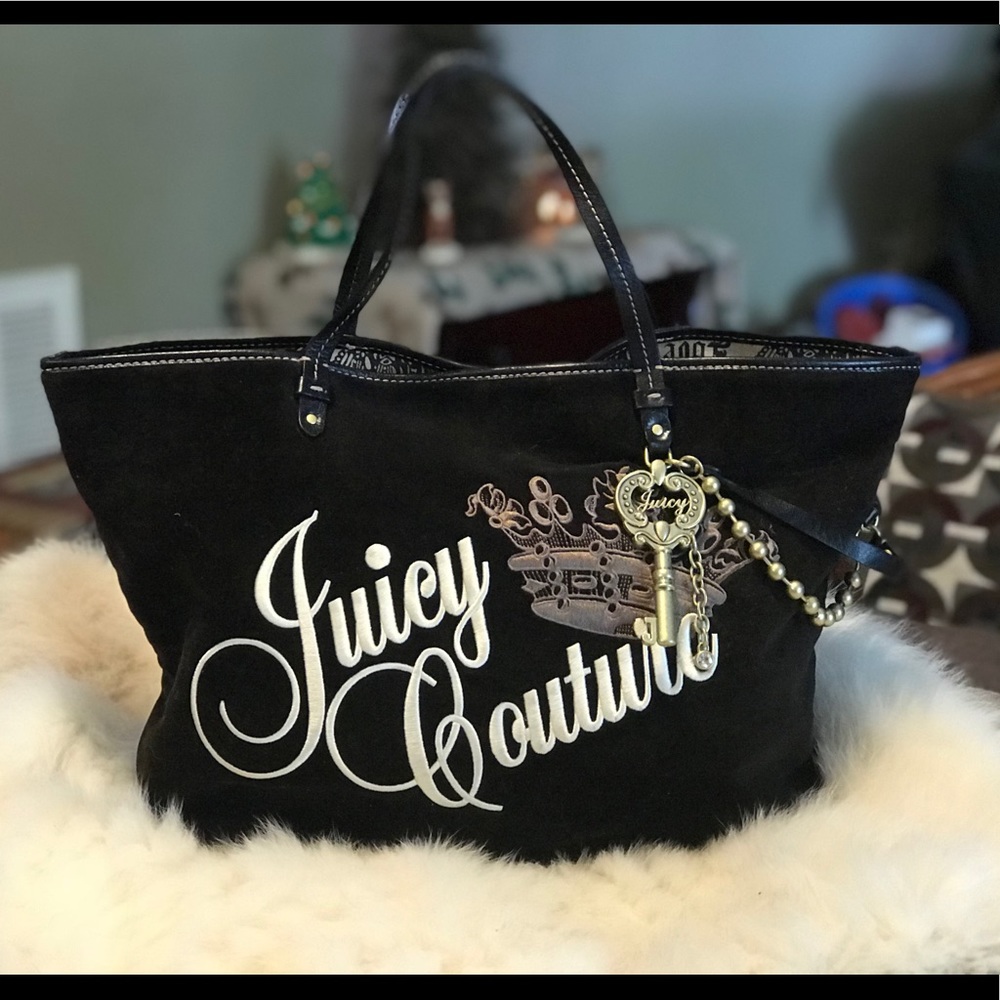 Pristine Juicy Couture Black Velour & Leather Bag